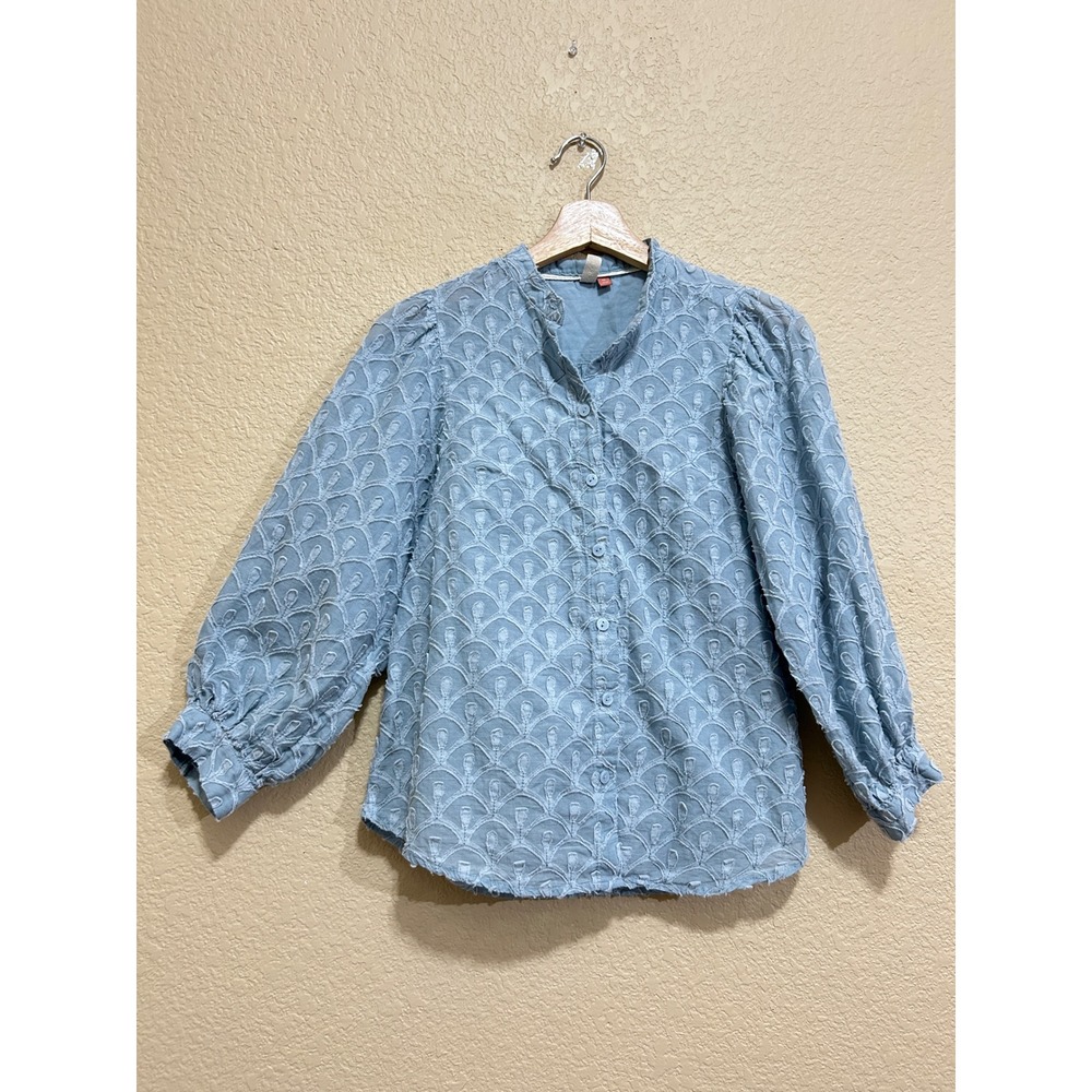 Anthropologie XS Pilcro Embroidered Eyelet Puff Sleeve Blouse Light Blue Boho
